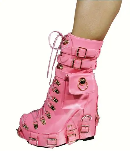

Pink Black Leather Belt Buckles Cross Tied Lace Up Punk Style Wedges Ankle Boots Women Round Toe Platform Pocket Short Booties