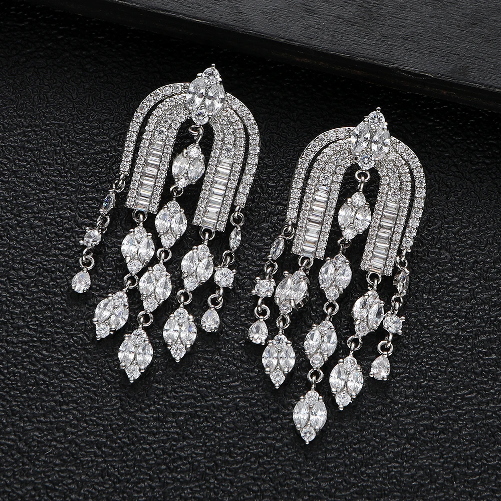 

Luxury Ellipse Drops Earrings Trendy Cubic Zircon Wedding Engagement Party Dubai Long Tassels Earrings For Women Jewel A19678