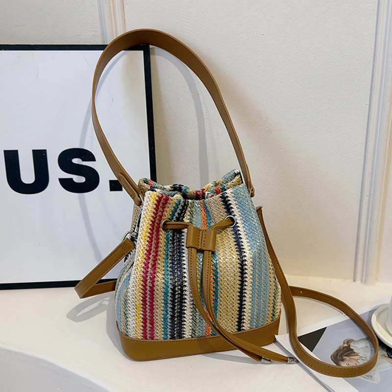 Simple Colorful Grass Woven Bucket Bag For Women Retro Patchwork Drawstring Crossbody Purse Commuter Travel Female Shoulder Bags
Simple Colorful Grass Woven Bucket Bag For Women Retro Patchwork Drawstring Crossbody Purse Commuter Travel Female Shoulder Bags