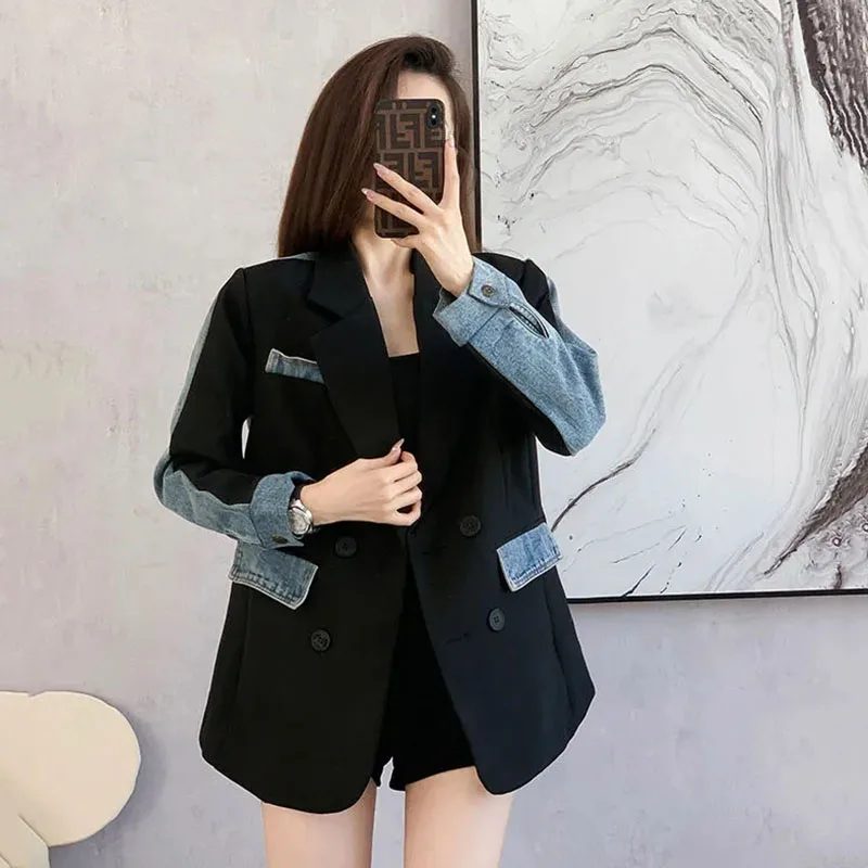 

Splicing Denim Suit Women's Coat Spring Autumn 2022New Fashion Korean Long Sleeve Blazer Woman Jacket Casual Ladies Blazer Tops