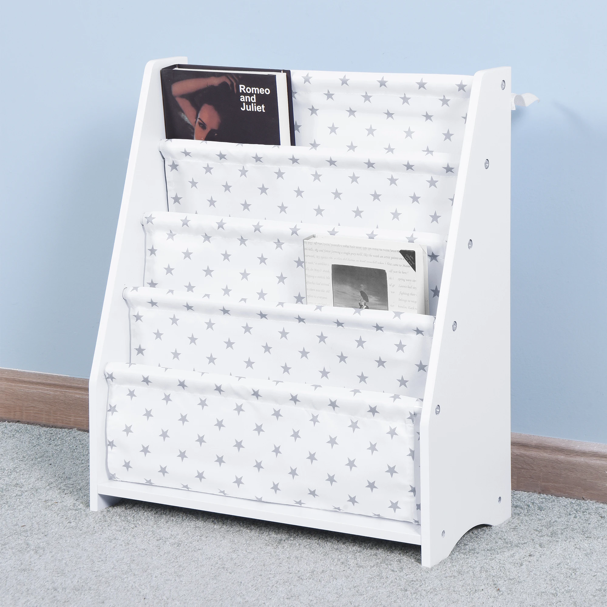 Wooden Children Sling Book Rack White Bookshelf for Kids with Star Pattern Cloth Bag
Wooden Children Sling Book Rack White Bookshelf for Kids with Star Pattern Cloth Bag