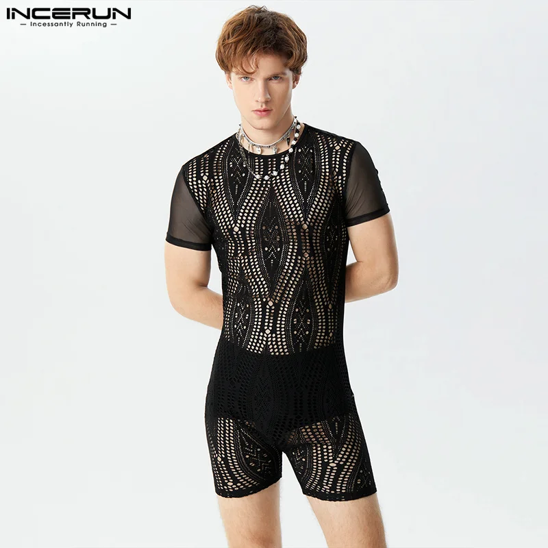 

2024 Men Bodysuits Lace Patchwork Hollow Out Transparent Male Rompers O-neck Short Sleeve Sexy Zipper Fashion Playsuits INCERUN