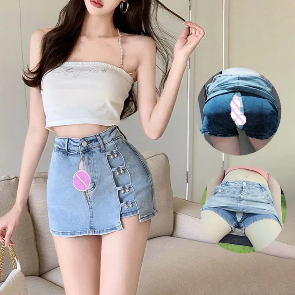 

A- Line Skirt Boyfriend Denim Short Culotte Female Summer Invisible Open Crotch Outdoor Sex Pants Sexy Denim Shorts Mini Skort