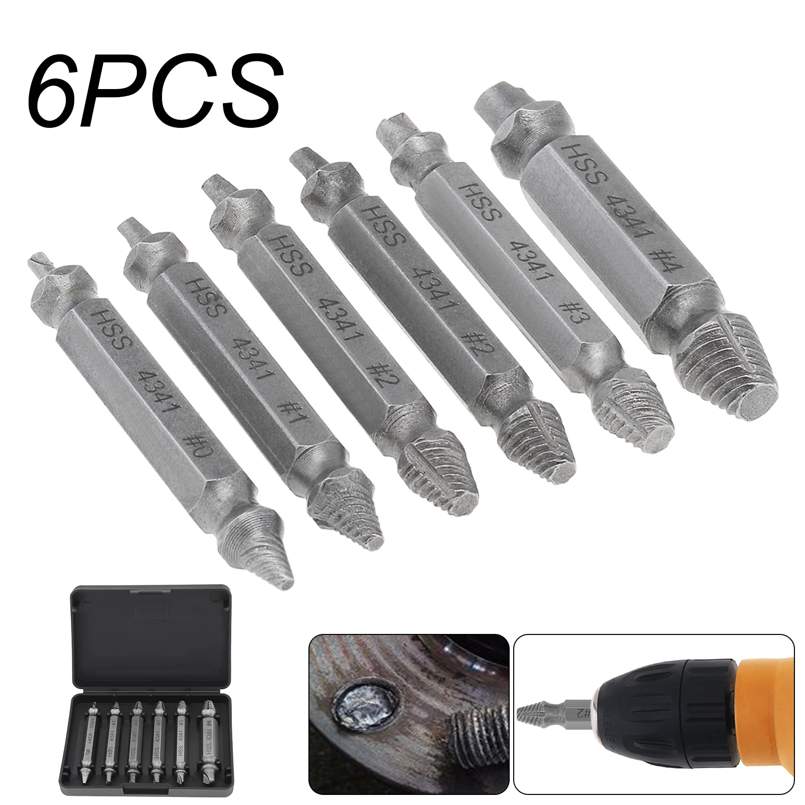 6pcs Damaged Screw Extractor Kit HSS 4341 High Speed Steel Broken Screw Remover Tool for Bolts / Screws / Nuts 
6pcs Damaged Screw Extractor Kit HSS 4341 High Speed Steel Broken Screw Remover Tool for Bolts / Screws / Nuts