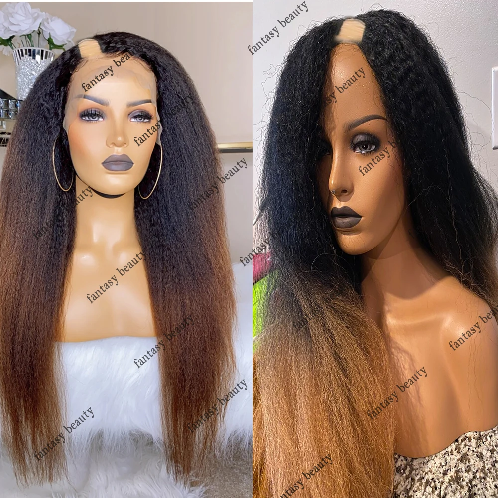 

Ombre Brown V Part Wigs Virgin Human Hair Yaki Kinky Straight U Part Wig with Black Roots Glueless 1x4 U Shape Full End 250%