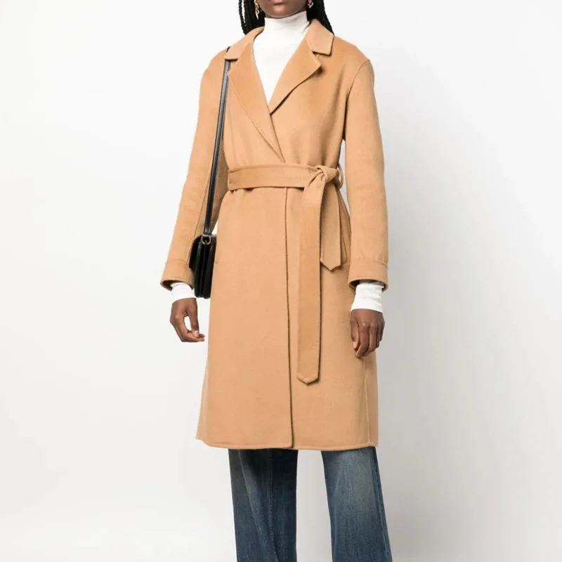 

2023 Apricot Woolen Women Warm Coat Long Sleeve Turn-Down Collar Trench Coat With Belt