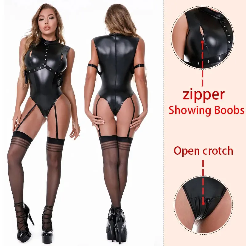 

Sexy with Sock Women Nightclub Party Erotic Open Bra Crotchless Catsuit Faux PU Leather Bodysuits Porn Mistress Fetish Bondage