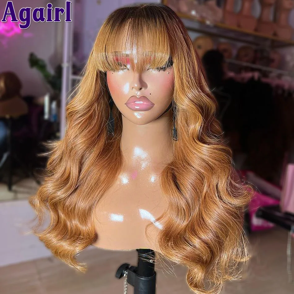 

13X6 Honey Blonde Body Wave Wigs Human Hair 200% Glueless Preplucked 13X4 Lace Frontal Wigs with Bangs Transparent 6X4 Lace Wig