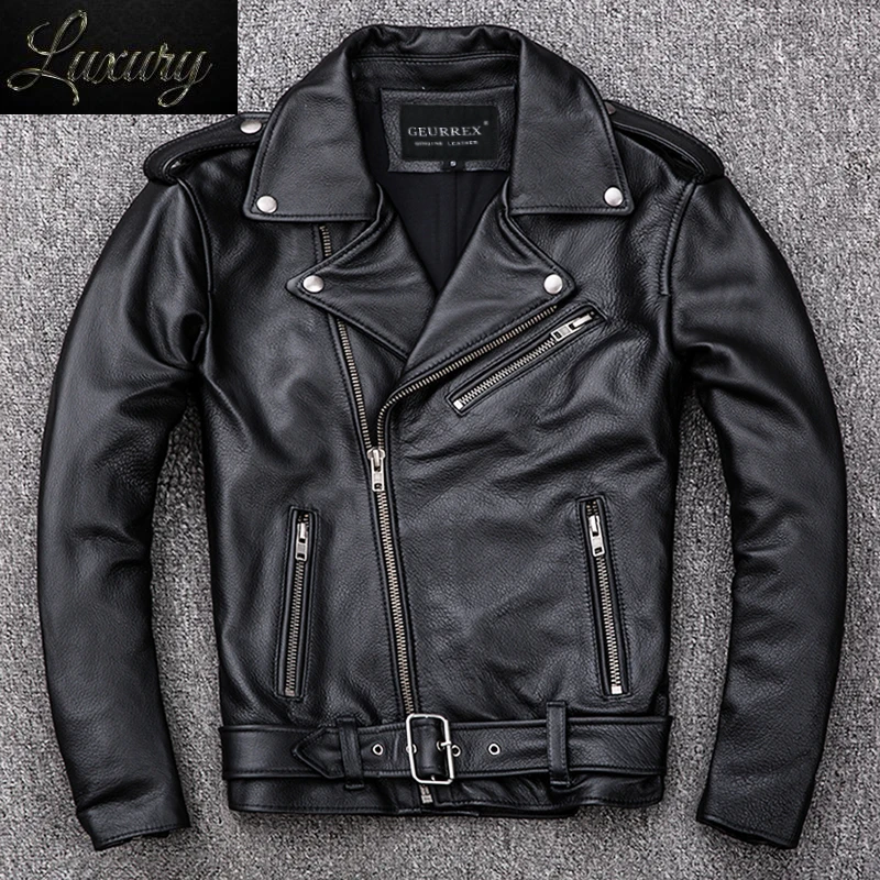 

Spring Classical Motorcycle oblique zipper Jackets Men Leather Natural Calf Skin Thick Slim Cowhide Moto man