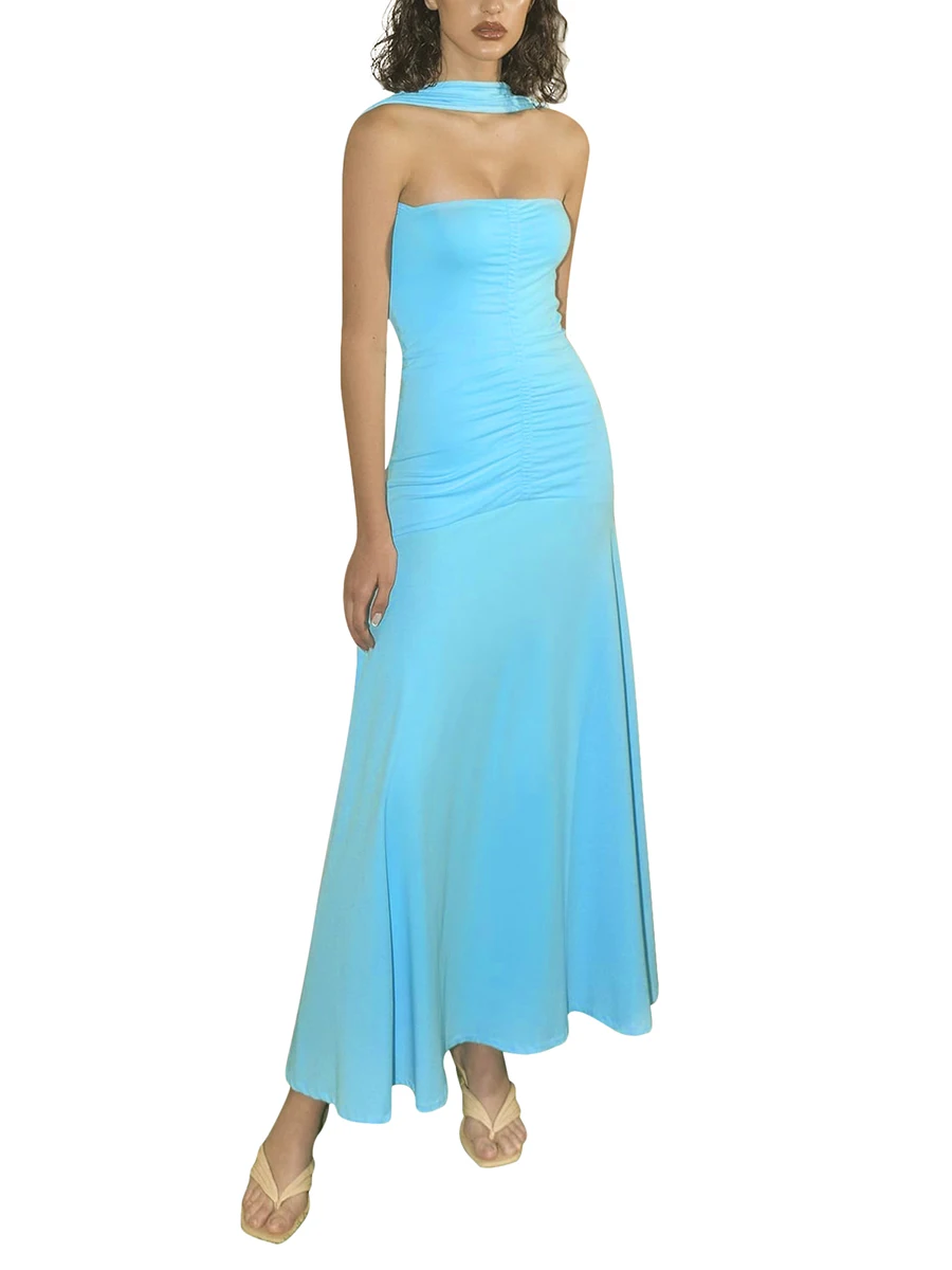 

Elegant Flowy Halter Dress with Ruched Bodycon Design - Perfect for Cocktail Parties Club Nights and Date Nights