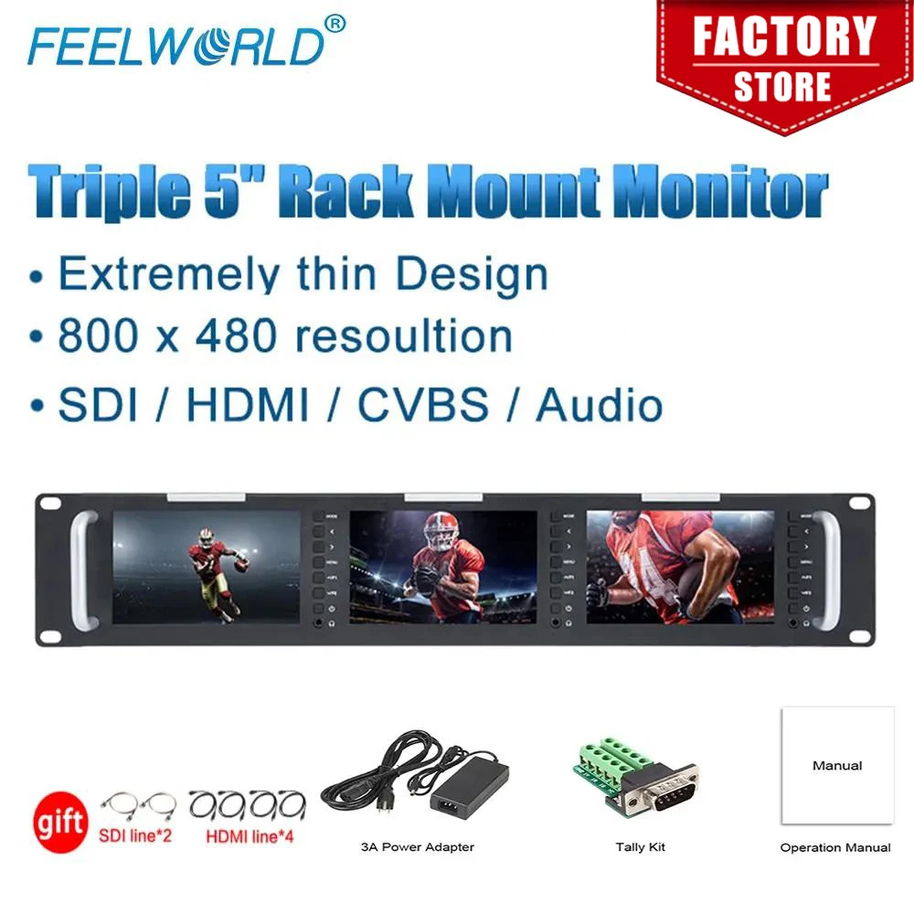 Feelworld T51 тройной 5-дюймовый 2RU широковещательный SDI-монитор с креплением на стойке, полевой видео ЖК-экран 800x40 0 3G SDI HDMI AV вход и выход
Feelworld T51 тройной 5-дюймовый 2RU широковещательный SDI-монитор с креплением на стойке, полевой видео ЖК-экран 800x40 0 3G SDI HDMI AV вход и выход