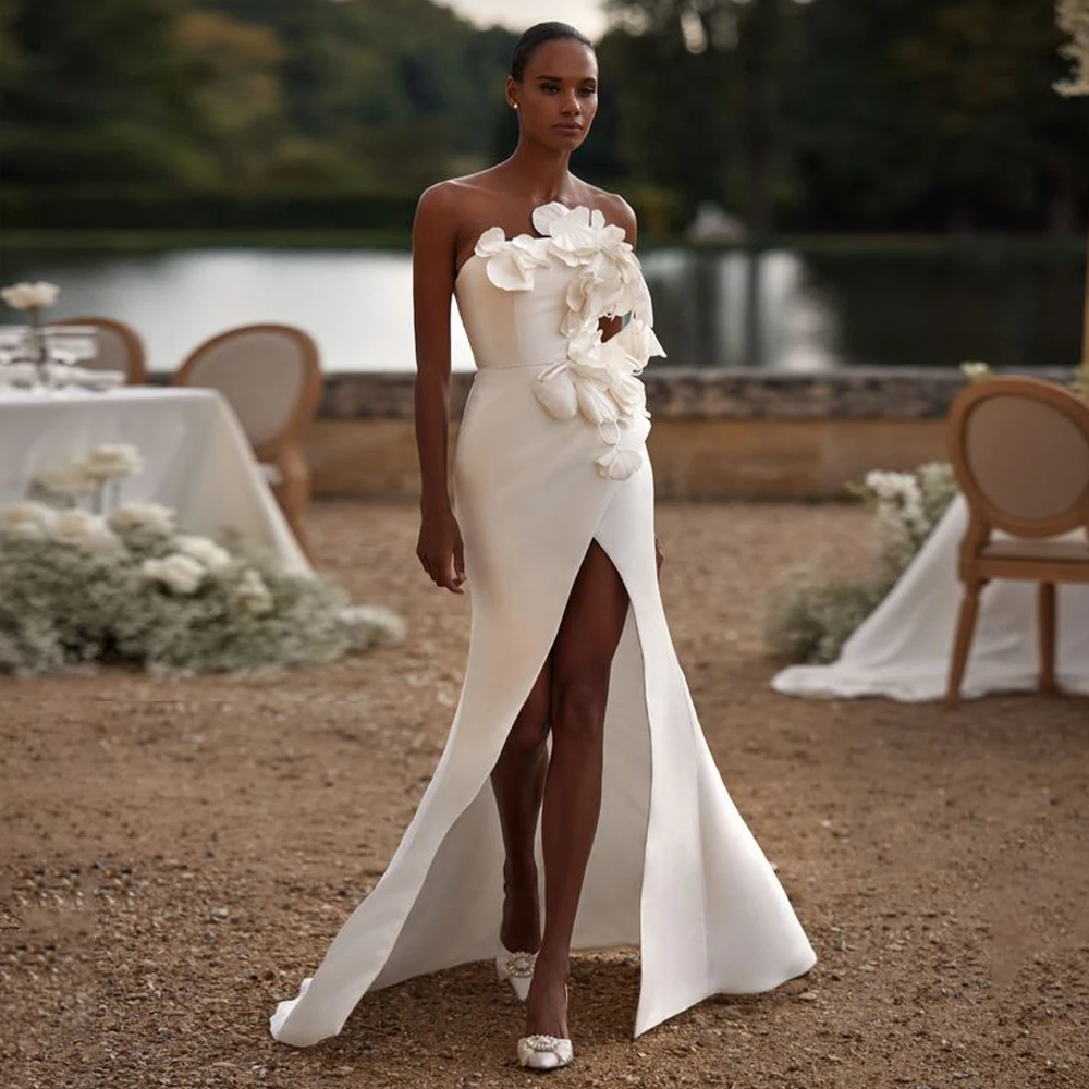 

Ivory Satin Wedding Dresses for Women 2024 Bride Flowers Criss-Cross Wedding Gowns Long Lace Up Mermaid/Trumpet Bridal Dresses