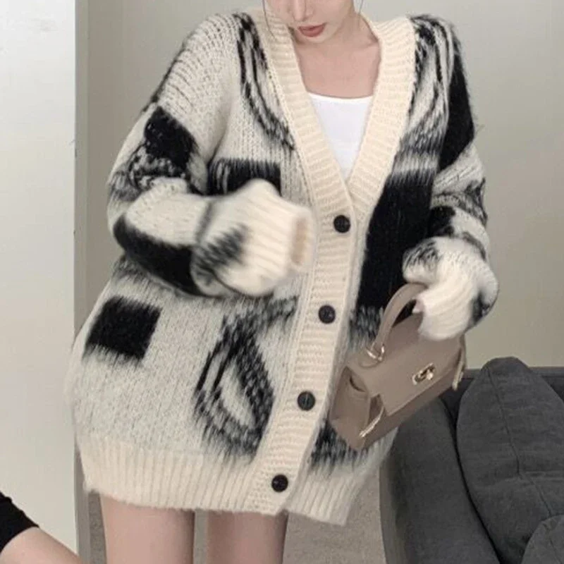 

Fashion Mink Cashmere Jacket Vintage Warm Coat Knitwears Autumn Winter Women Clothes Casual Loose V-Neck Knitted Cardigan 28780