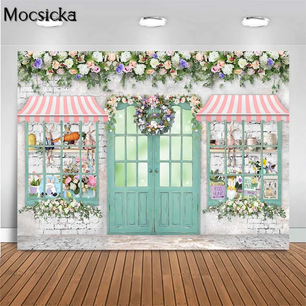 

Mocsicka Spring Newborn Photography Backdrop Easter Bunny Brick Wall Green Door Kids Portrait Photo Background Studio Photoshoot