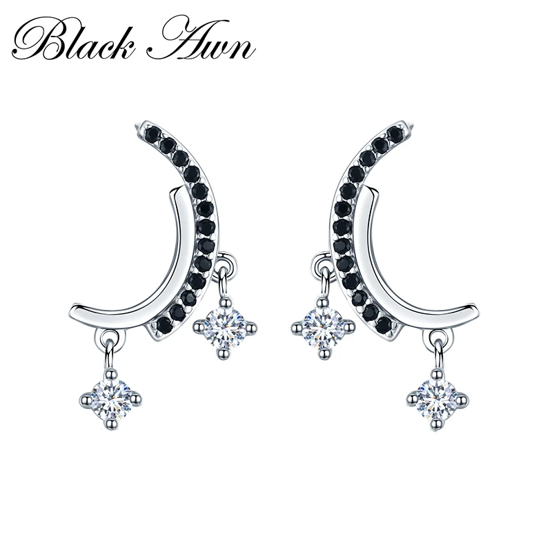 

[BLACK AWN] Trendy Silver Color Jewelry Black Spinel Moon Wedding Stud Earrings for Women Female Bijoux I011