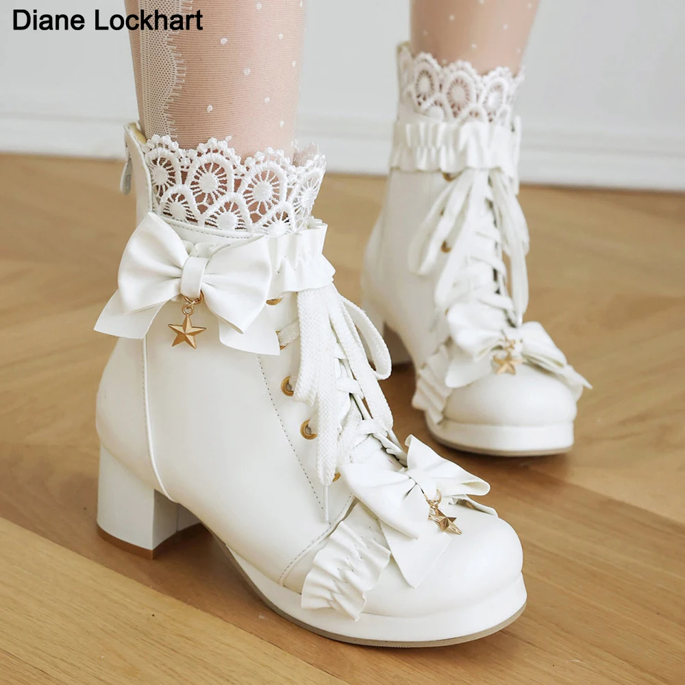 Fashion Sweet Bow Women Comfort Square Platform Ankle Boots Elegant Ruffles String Bead Girls Princess Cosplay Pink Lolita Shoes
Fashion Sweet Bow Women Comfort Square Platform Ankle Boots Elegant Ruffles String Bead Girls Princess Cosplay Pink Lolita Shoes