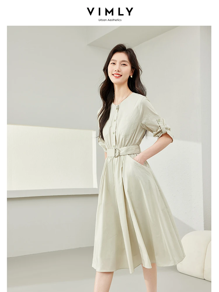 

Vimly French Style Three Quarter O-neck Cotton Midi Dress 2024 Spring Woman Elegant Belt Waisted Umbrella A-line Dresses M5981