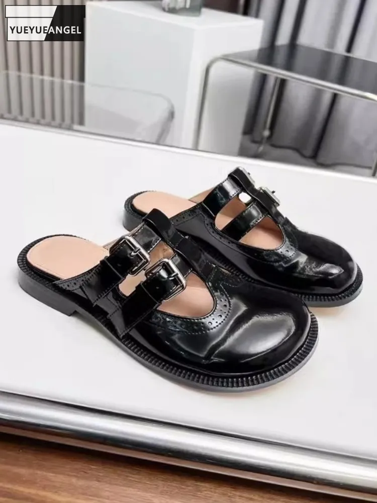 

Women Genuine Leather Mules Shoes Vintage Buckle Round Toe Flat Slippers Hollow Out Summer Breathable Lady Outside Casual Slides