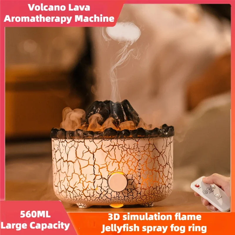 

Volcano Lava Air Humidifier Aromatherapy Essential Oils Diffuser Remote Control Jellyfish Smoke Ring Flame Humidifier With Light