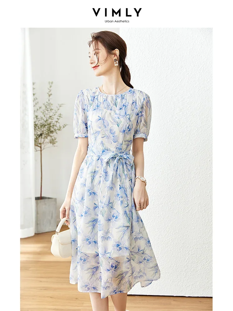 

Vimly French Puff Sleeve Floral Midi Dress Women Summer 2023 Belted Slimming Waist Female A Line Chiffon Printed Holiday Dresses