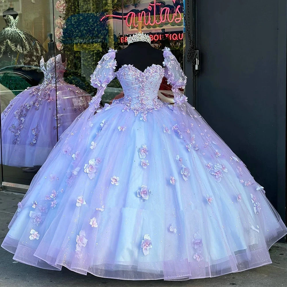 

Lavender Quinceanera Dresses Vestidos De 15 Anos Puff Sleeve 3D Flower Appliques Lace Cinderella 16 Princess Gowns