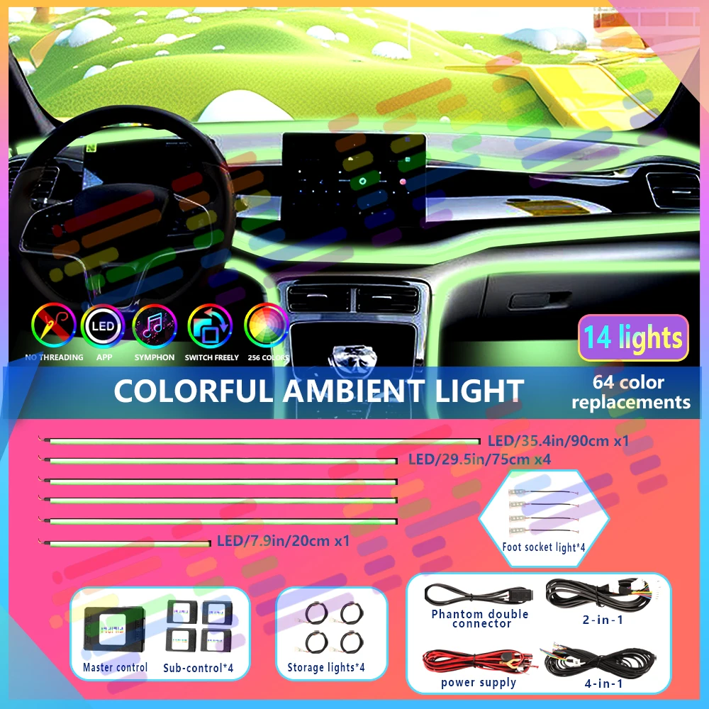 

Full Colors RGB Car Ambient Light 64 Colors Acrylic Strips LED Car Interior Hidden App Remote Control Atmosphere Lamp