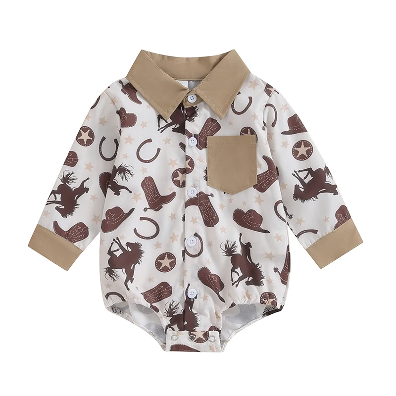 Infant Baby Boy Western Jumpsuit Cartoon Print Lapel Long Sleeve Button Down Romper
Infant Baby Boy Western Jumpsuit Cartoon Print Lapel Long Sleeve Button Down Romper