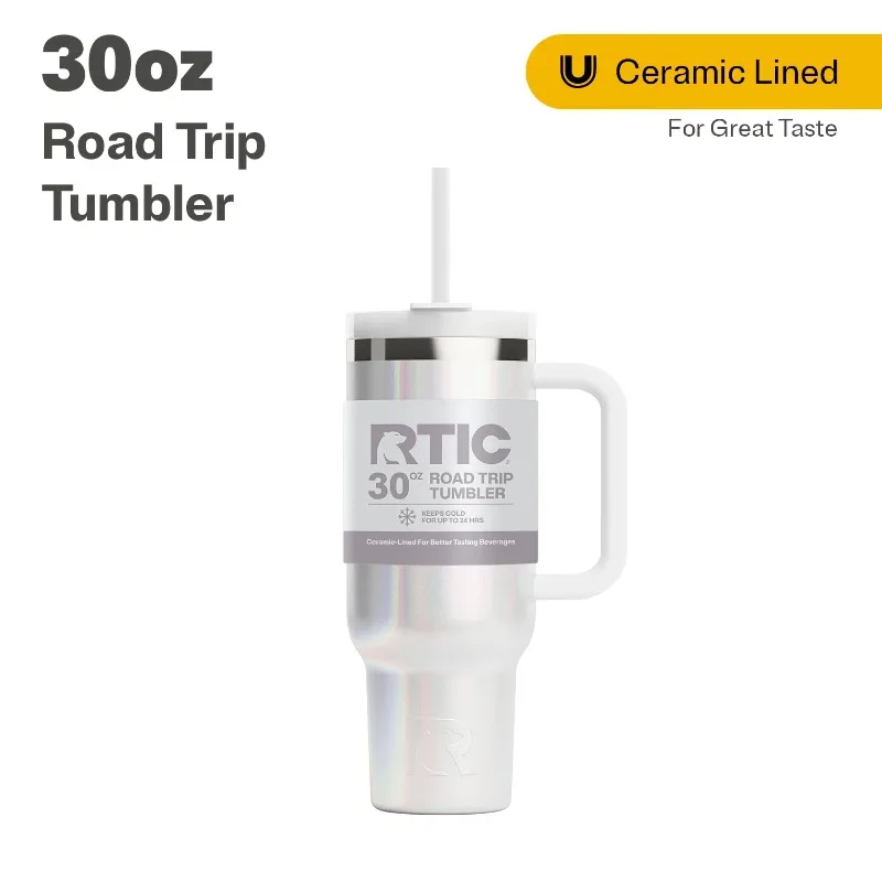 

RTIC 30 oz Ceramic Lined Road Trip Tumbler, Leak-Resistant Straw Lid, White Glitter