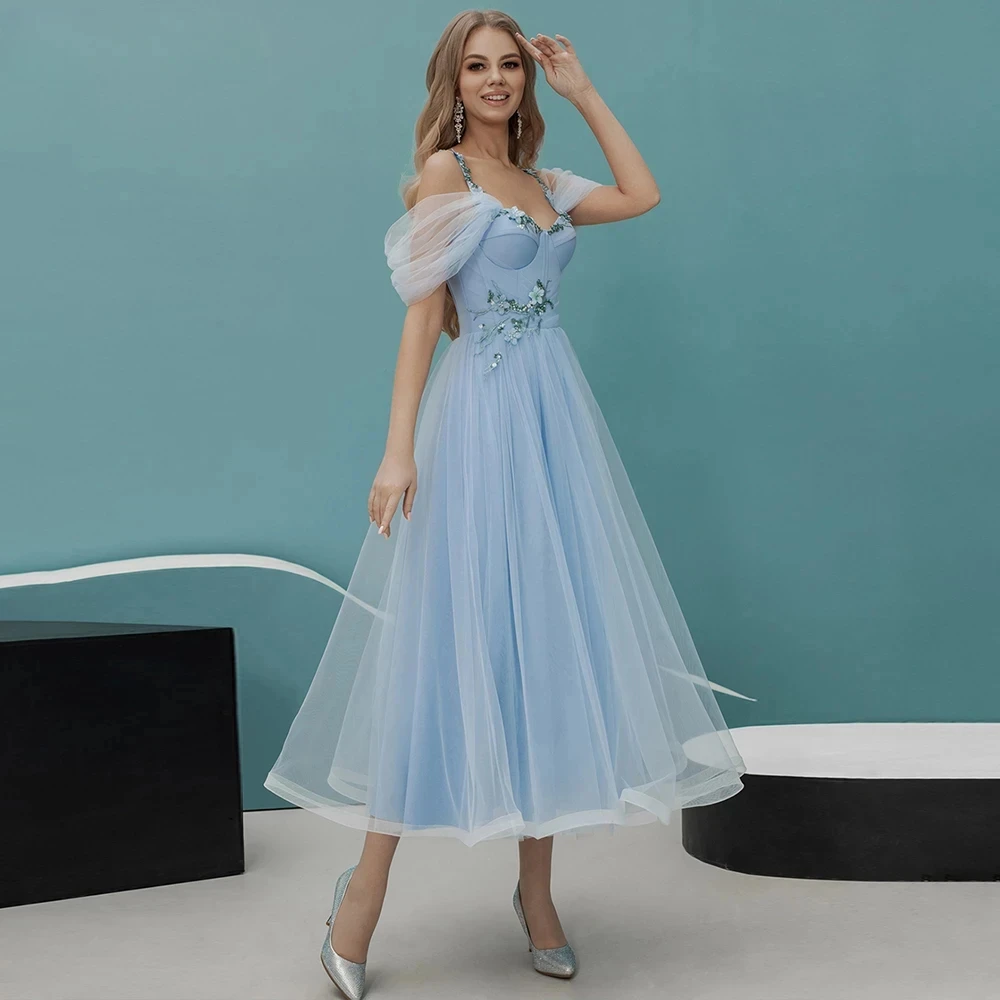 

LYLDS Blue Exquisite Evening Dresses Sweetheart Spaghetti Strap A-Line Prom Gowns Appliques Lace Up Vestidos De Fiesta D10033