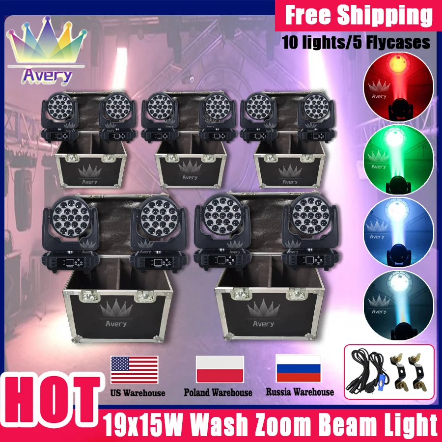 

0 Tax 10Pcs 19x15W LED Wash Zoom Moving Head Light With 5 Flycase RGBW Beam Lighting DMX Professional Stage Disco Party Bar KTV