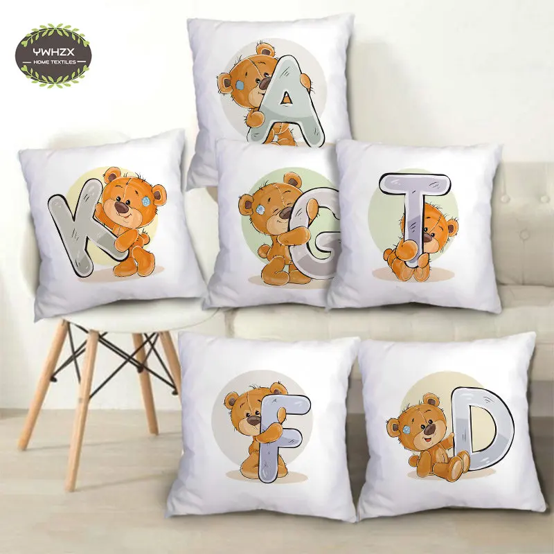 

Cute Cartoon Bear Pillow Case Peach Skin English Alphabet A-Z Print Animal Cushion Cover for Children Room Soft Pillowcases