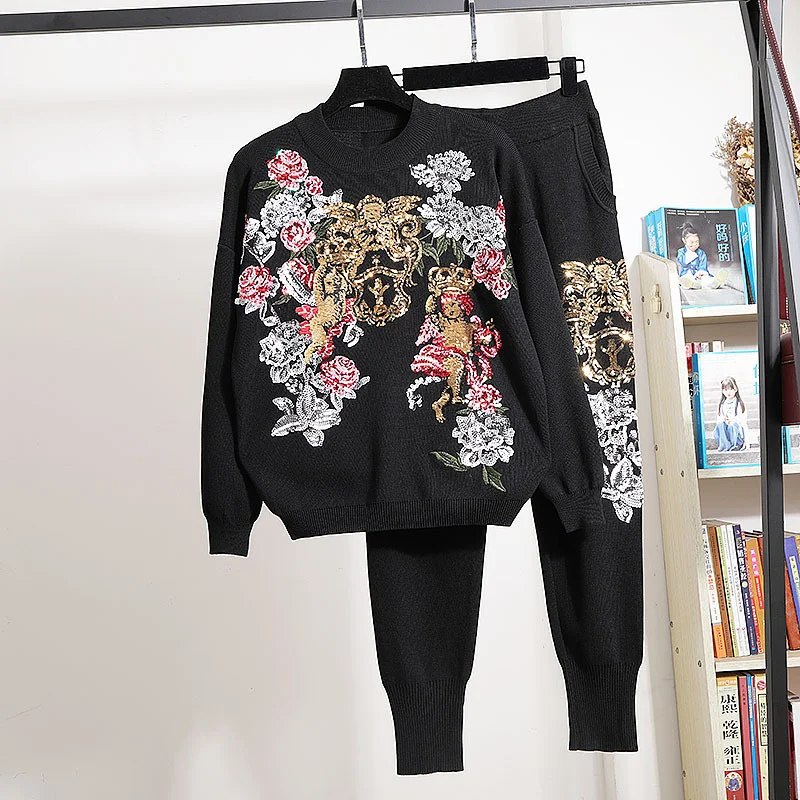 White Black Gray Knitted Tracksuit Outfits Women Loose Sequins Embroidery Flowers Pullover Sweater Long Pants 2 Piece Set Female
White Black Gray Knitted Tracksuit Outfits Women Loose Sequins Embroidery Flowers Pullover Sweater Long Pants 2 Piece Set Female