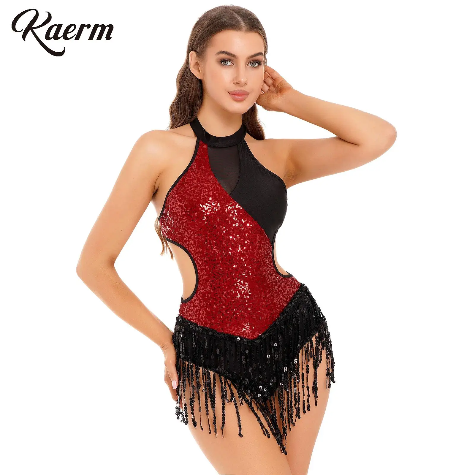 

Women's Latin Chacha Modern Dance Ballroom Costume Halter Cutout Waist Gymnastics Leotard Tassel Skirts Lyrical Dress