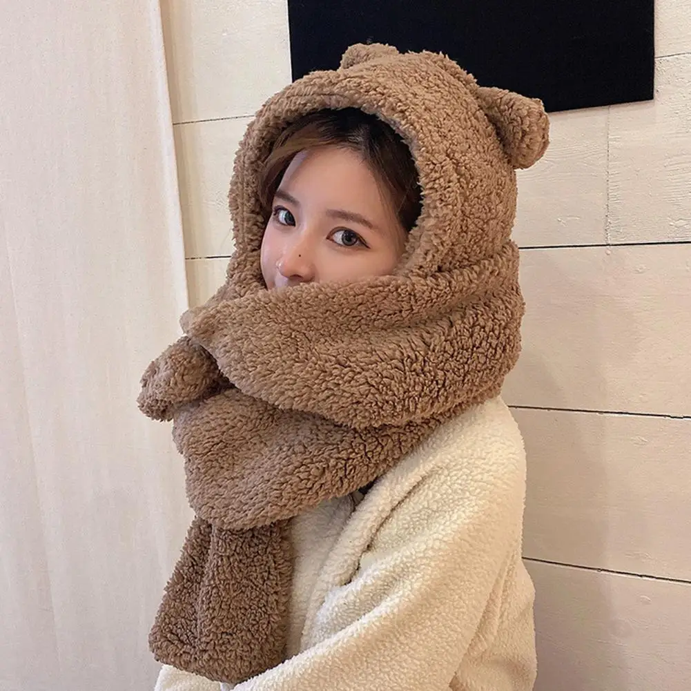 Winter Thickened Bear Hats Scarf One-piece Hooded Scarf Gloves Plush Windproof Ear Neck Protector 3 in 1 Women Gloves Scarf Hat
Winter Thickened Bear Hats Scarf One-piece Hooded Scarf Gloves Plush Windproof Ear Neck Protector 3 in 1 Women Gloves Scarf Hat