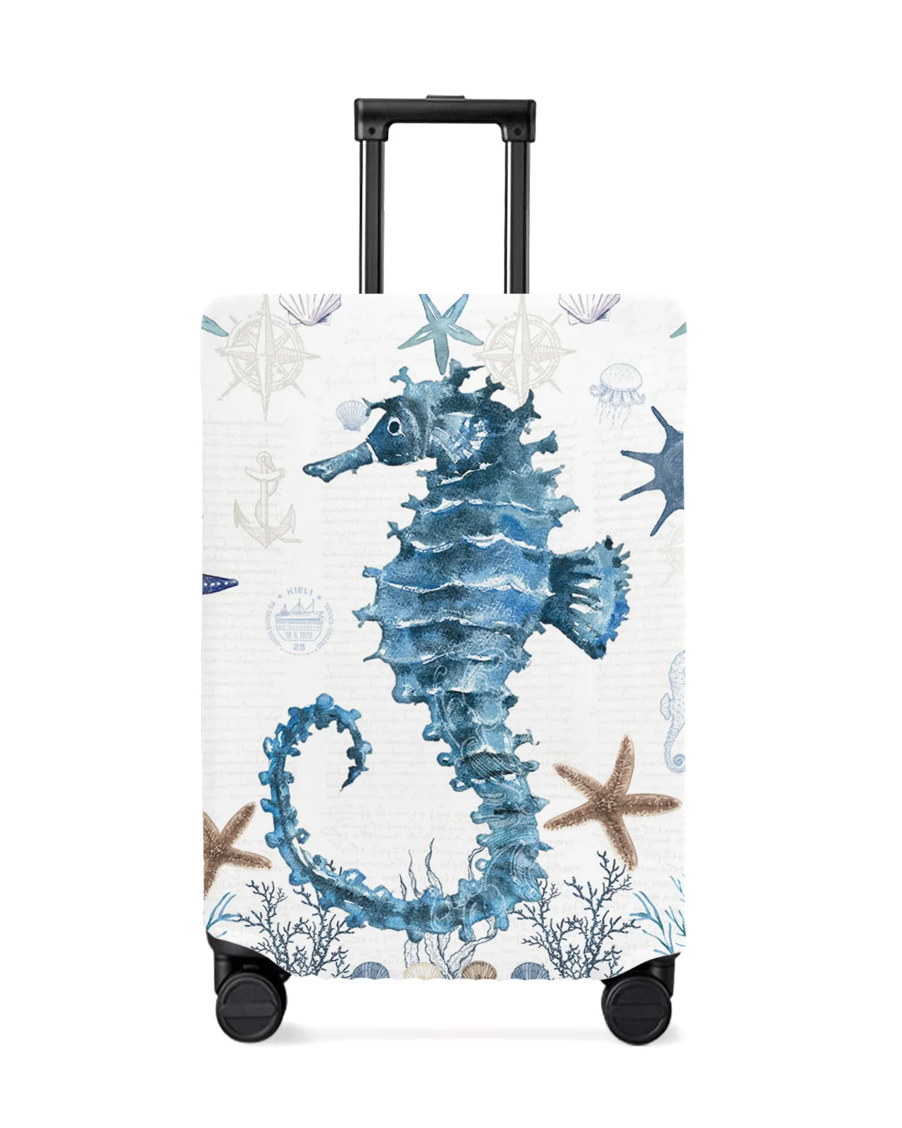 

Mediterranean Style Ocean Starfish Seahorse Stripes Luggage Cover Stretch Baggage Dust Cover for 18-32 Inch Travel Suitcase Case