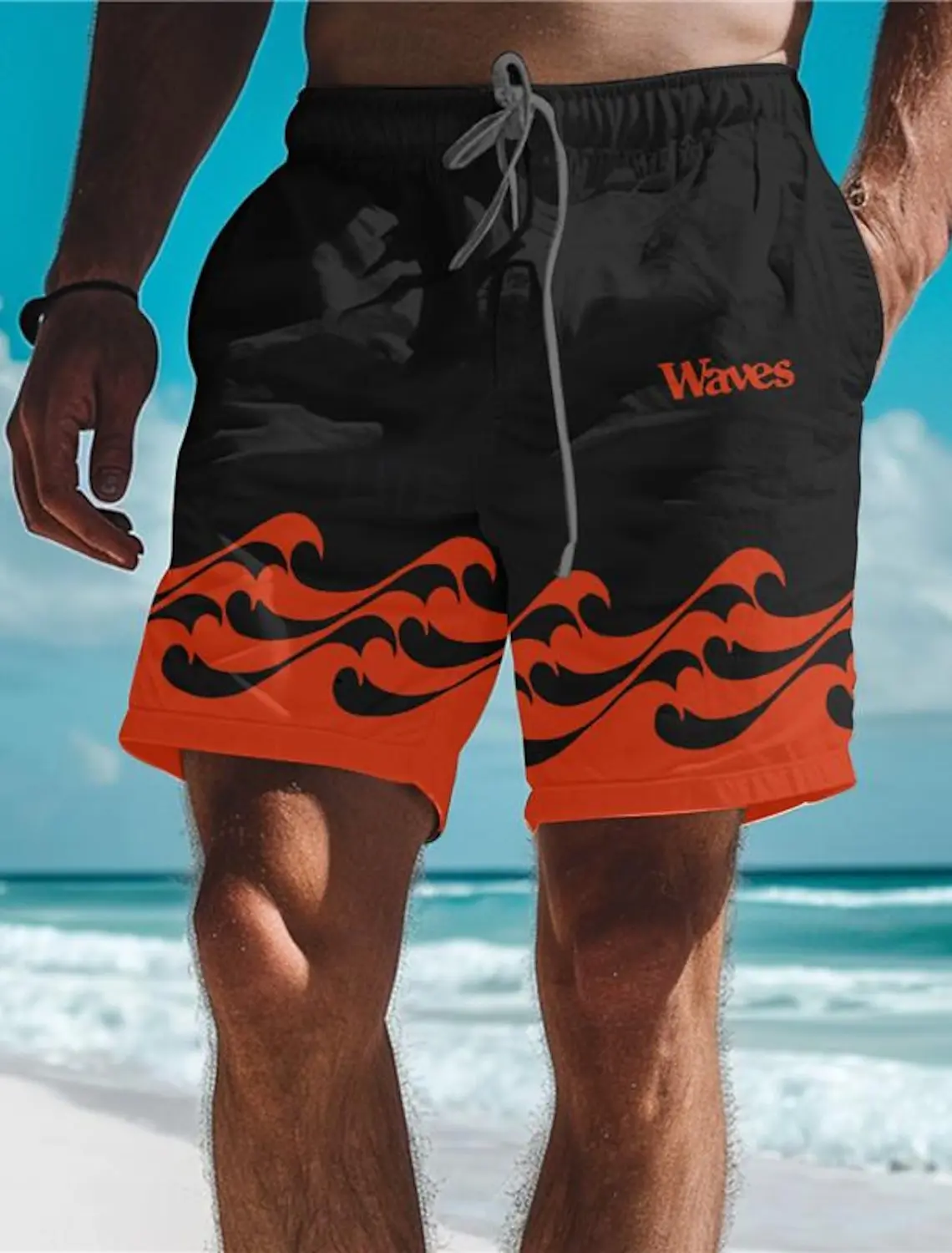 

Мужские пляжные шорты Wave, Летние плавки с 3D принтом, с эластичным поясом и кулиской, В Гавайском пляжном стиле, с надписью
