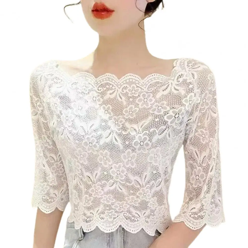 

Summer Women Cropped Tops One-word Collar Half Sleeve Blouse See-through Embroidery Lace Pullover топ женский