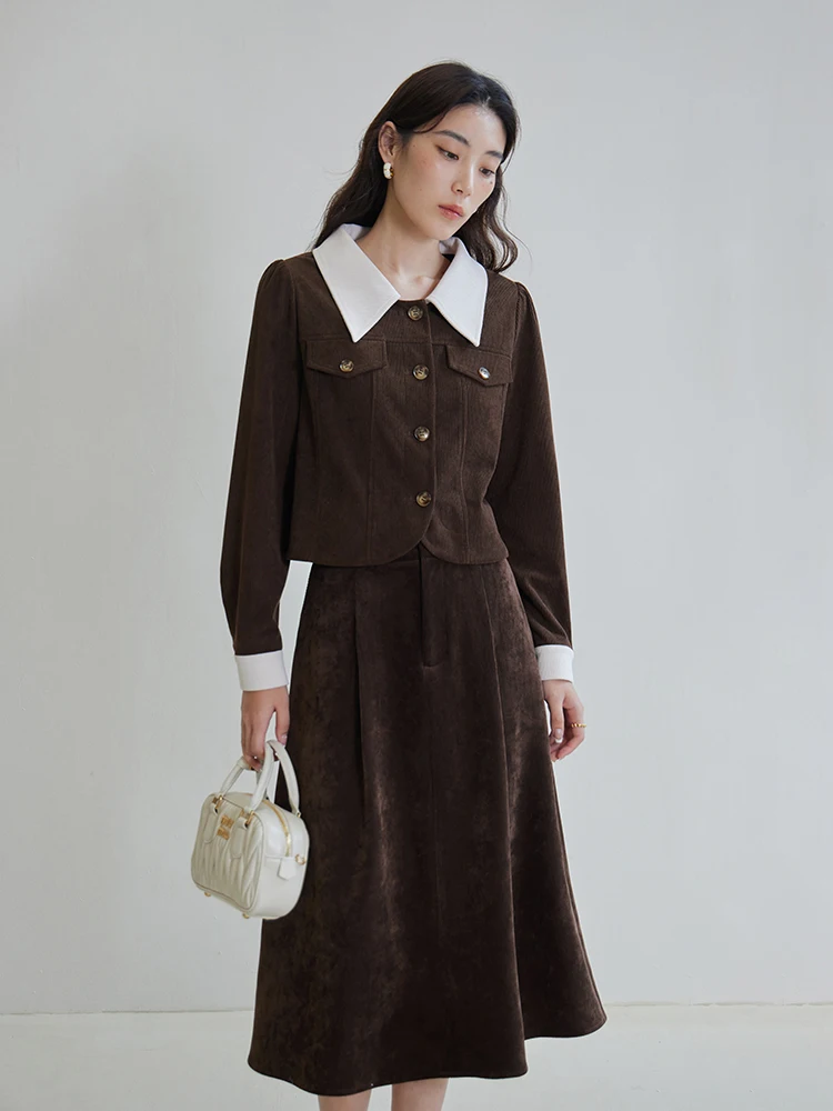 

DUSHU Brown Corduroy Blouse Skirt Sets Contrasting Color Polo Neck Puff Sleeve Shirt Back Elastic Waist Design Female Long Skirt