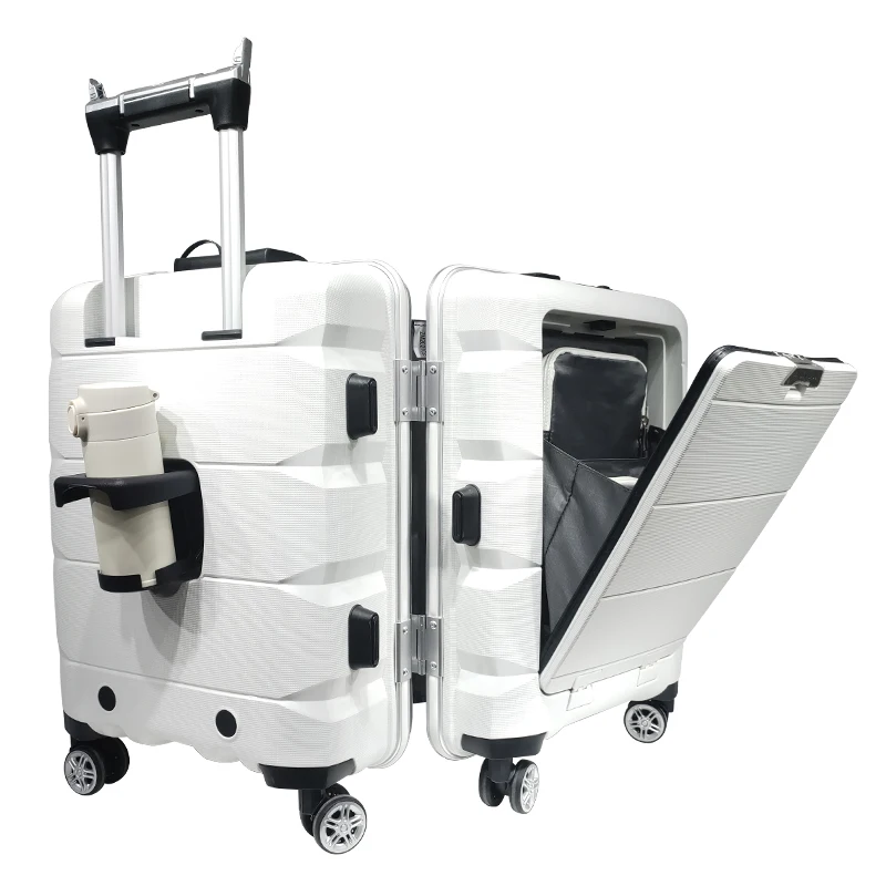 

Travel Durable PP Trolley Suitcase Rolling Hard Shell Spinner Luggage Set with Front Opening Laptop Mobile Cup Holder 20 inches