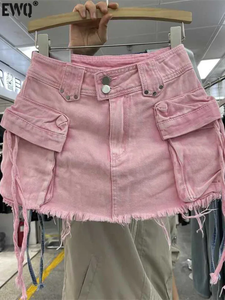 

[EWQ] Beautiful Pink High Waist Pockets Mini Denim Skirt European Wrap Hip Short Skirts For Women 2024 New Spring Summer 16U8992