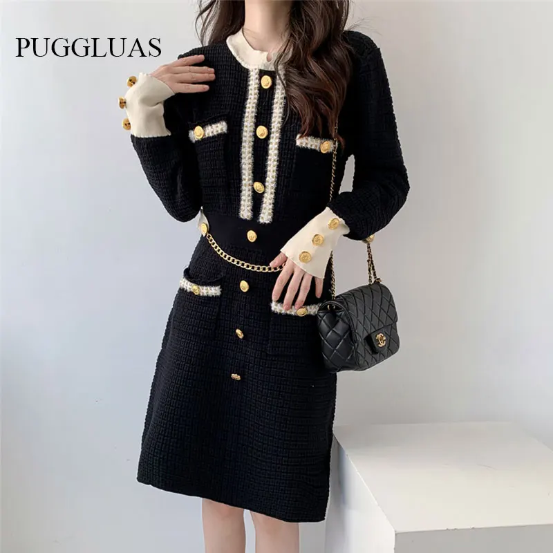 Autumn Korea Knitted Black Dress French Elegant O Neck Chain Long Sleeve Button Dress Gentle One Piece Knee-Length Party Dress
Autumn Korea Knitted Black Dress French Elegant O Neck Chain Long Sleeve Button Dress Gentle One Piece Knee-Length Party Dress