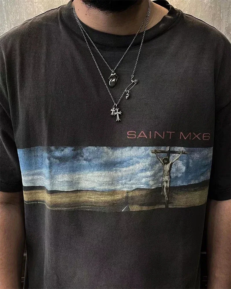 

SAINT MICHAEL SKY SS T Shirt Men Women 1:1 High Quality Sky Jesus Washed Old Short Sleeves T-shirt Tops Tee