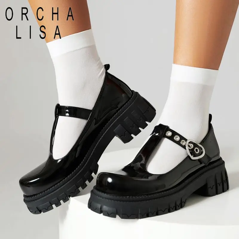 

ORCHA LISA Brand Patent Leather Women Mary Janes Pumps Round Toe Block Heels 5cm T-Strap Plus Size 43 Leisure Daily Soft Shoes