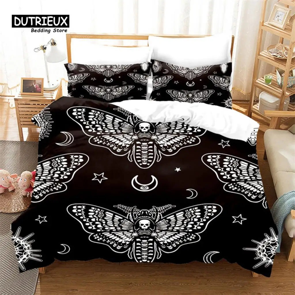 

Black Death Moth Bedding Set Gothic Skull Duvet Cover Set Butterfly Moon Stars Mandala 3D Print Comforter Cover With Pillowcases