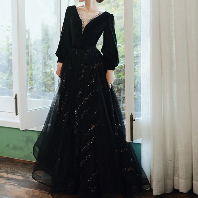 Sexy Deep V Lace Spliced Puff Full Sleeve Evening Dress Slim Fit Mesh Cascading Long Elegant Women Gown Polka Dot Sequin Robe
Sexy Deep V Lace Spliced Puff Full Sleeve Evening Dress Slim Fit Mesh Cascading Long Elegant Women Gown Polka Dot Sequin Robe
