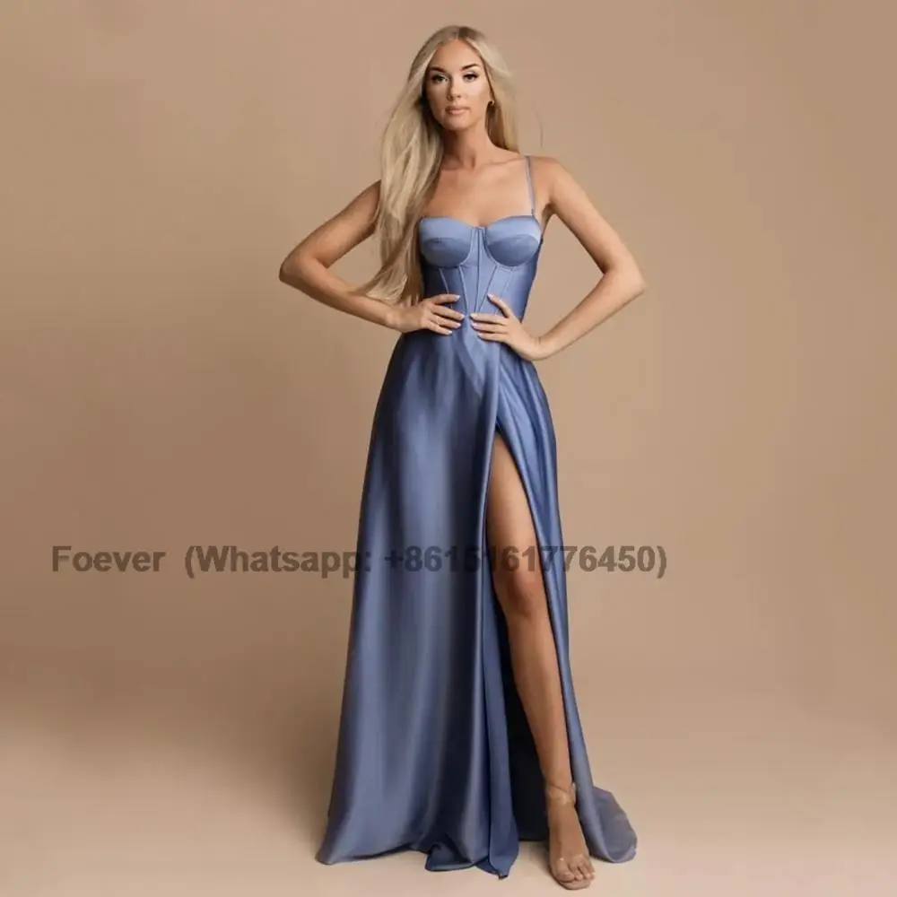 

Simple Stain Split Prom Dresses A-Line Sweetheart Spaghetti Straps Lace-Up Vestido De Gala Floor Length Robes De Soirée