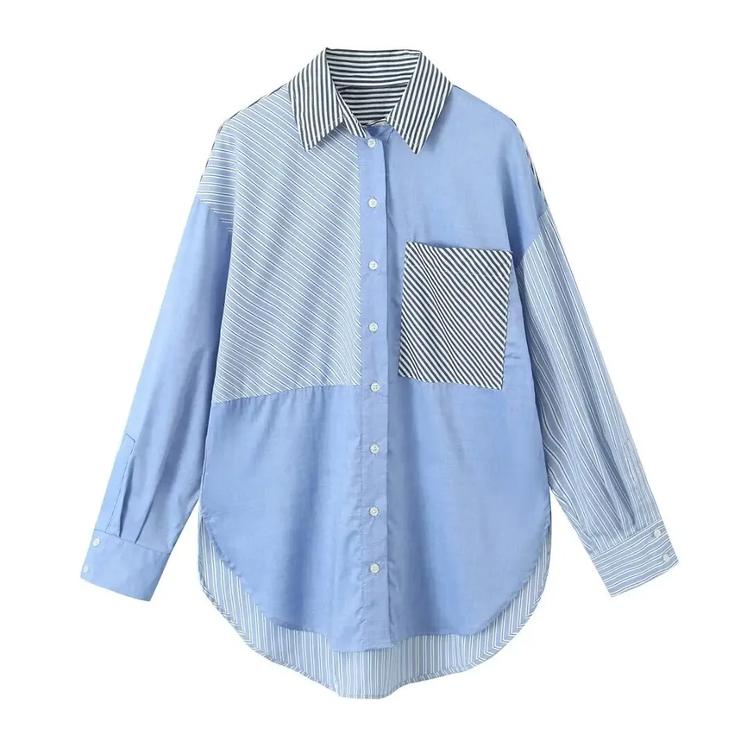 

Women's 2024 Fashion Pocket Decoration Splicing Stripe Asymmetric Poplin Shirt Retro Long sleeved Button Shirt Unique Top