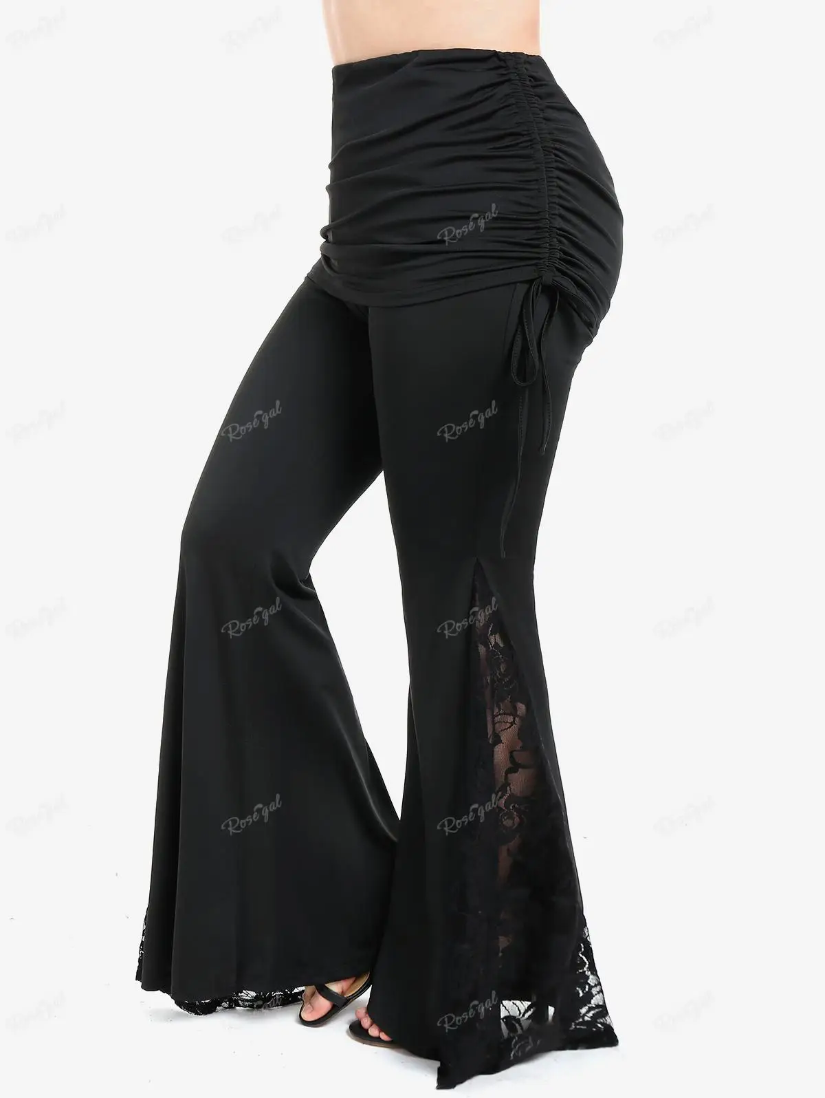 

ROSEGAL Plus Size Cinched Ruched Bell Bottom Pants Black Fashion Low Waist Lace Panel Skirted Trousers Women Flare Pants