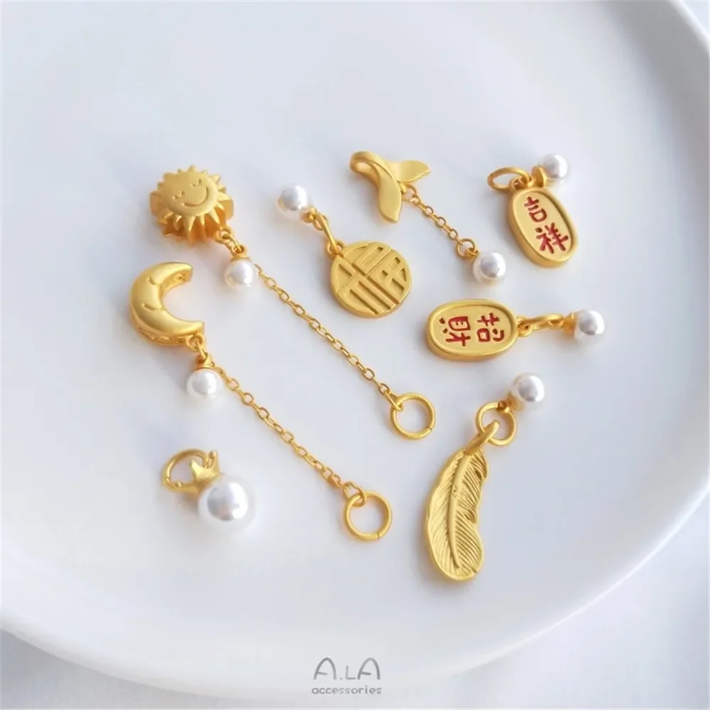 

Strong color preserving sand gold pendant Blessing brand fish tail crown leaves hanging pearl moon sun chain DIY jewelry pendant