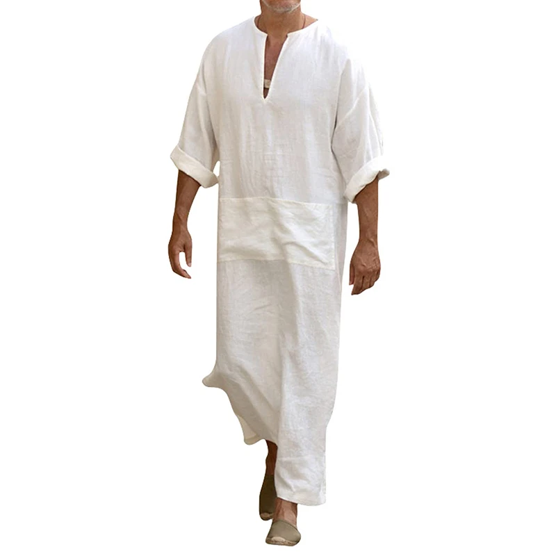 Men V-Neck Linen Robe Roll Up Short Sleeve Solid Long Night Gown Casual Loose Shirt Kaftan Thobe with Pocket
Men V-Neck Linen Robe Roll Up Short Sleeve Solid Long Night Gown Casual Loose Shirt Kaftan Thobe with Pocket